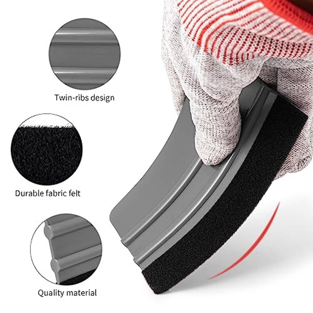 Felt squeegee with black felt strip and gray ribbed plastic blade, close-up