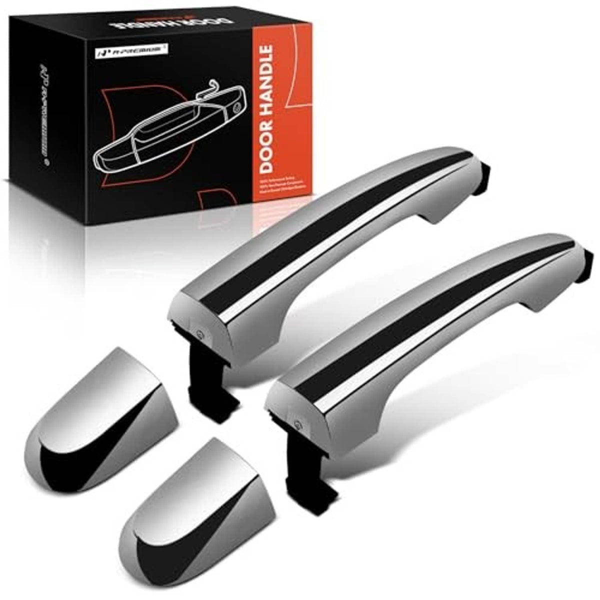 Set of exterior rear door handles, silver chrome with black end caps and bases