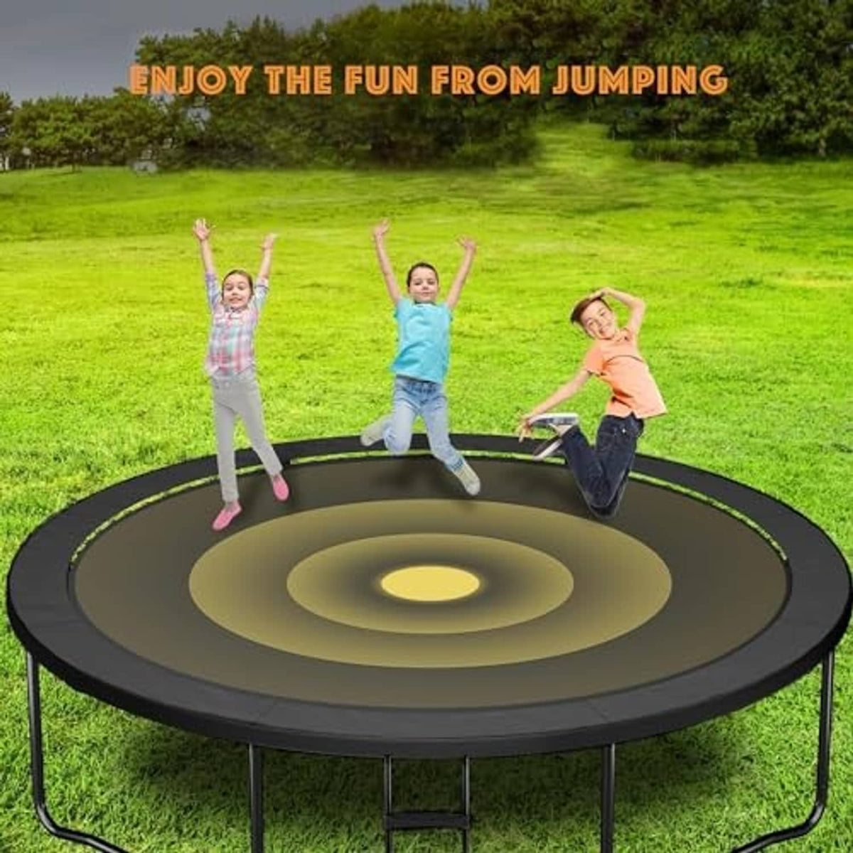 Black trampoline spring cover pad installed on outdoor trampoline for jumping
