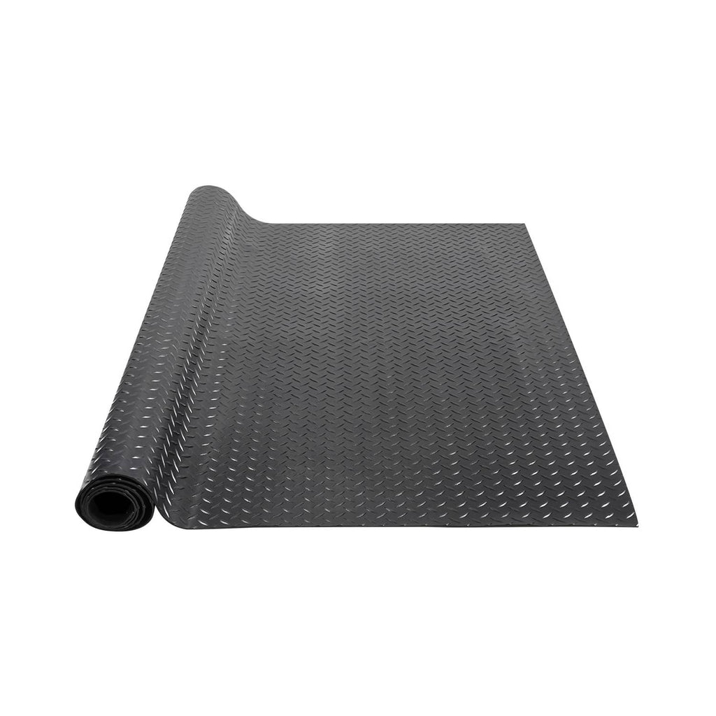 Black diamond-plate PVC vinyl garage floor mat roll with non-slip texture, 3mm thick