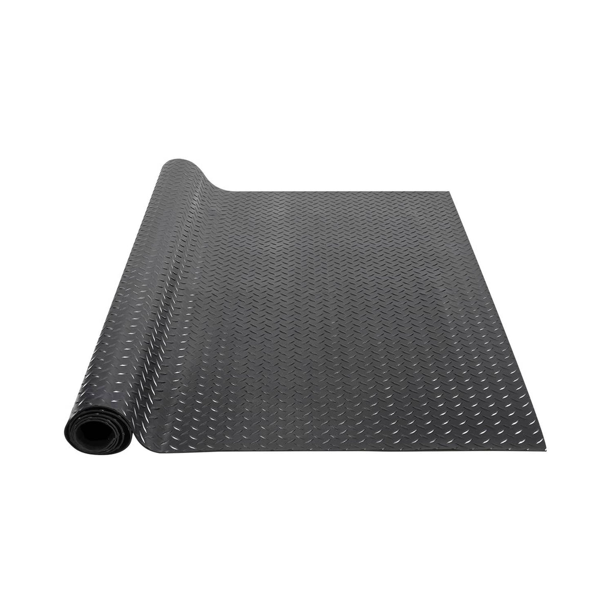 Black diamond-plate PVC vinyl garage floor mat roll with non-slip texture, 3mm thick