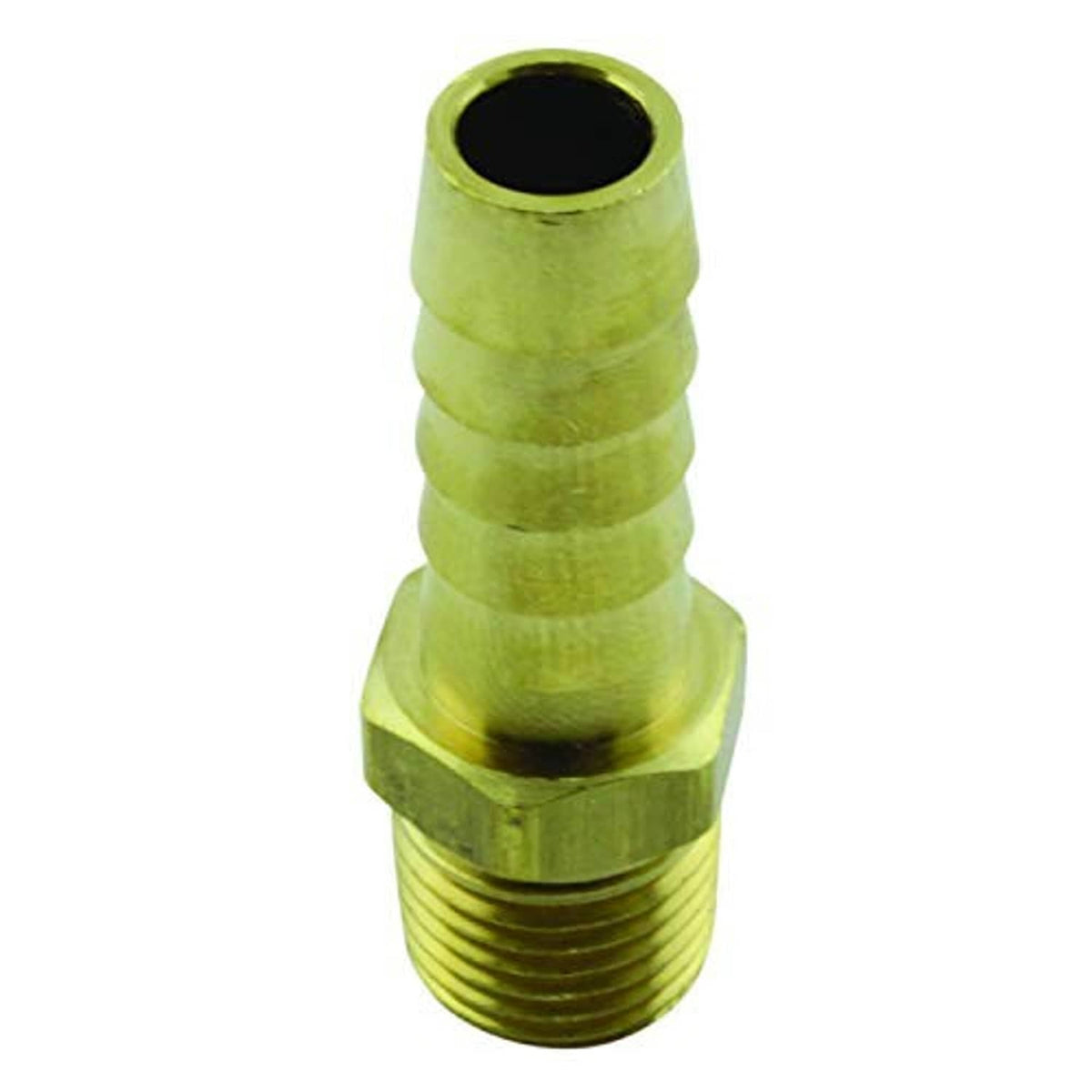 Olive brass hose end fitting with barbed end and male threads, 1/4" MNPT x 3/8" ID