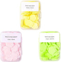 Petal-shaped soap paper in clear plastic containers: yellow/lemon, pink/rose, green/jasmine