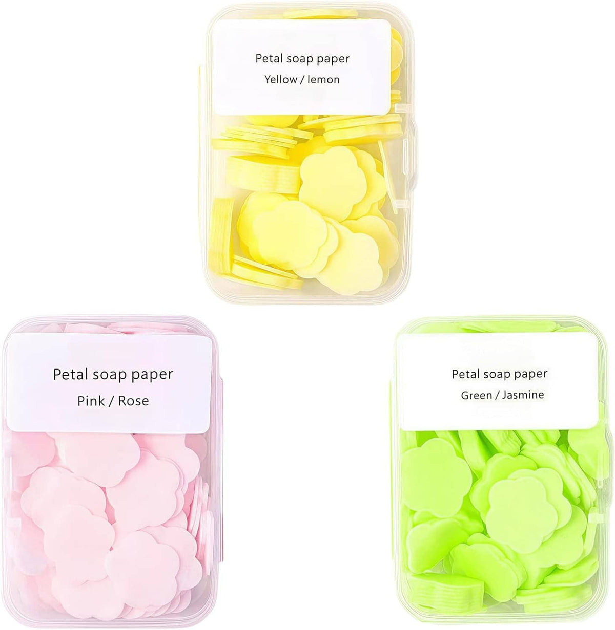 Petal-shaped soap paper in clear plastic containers: yellow/lemon, pink/rose, green/jasmine