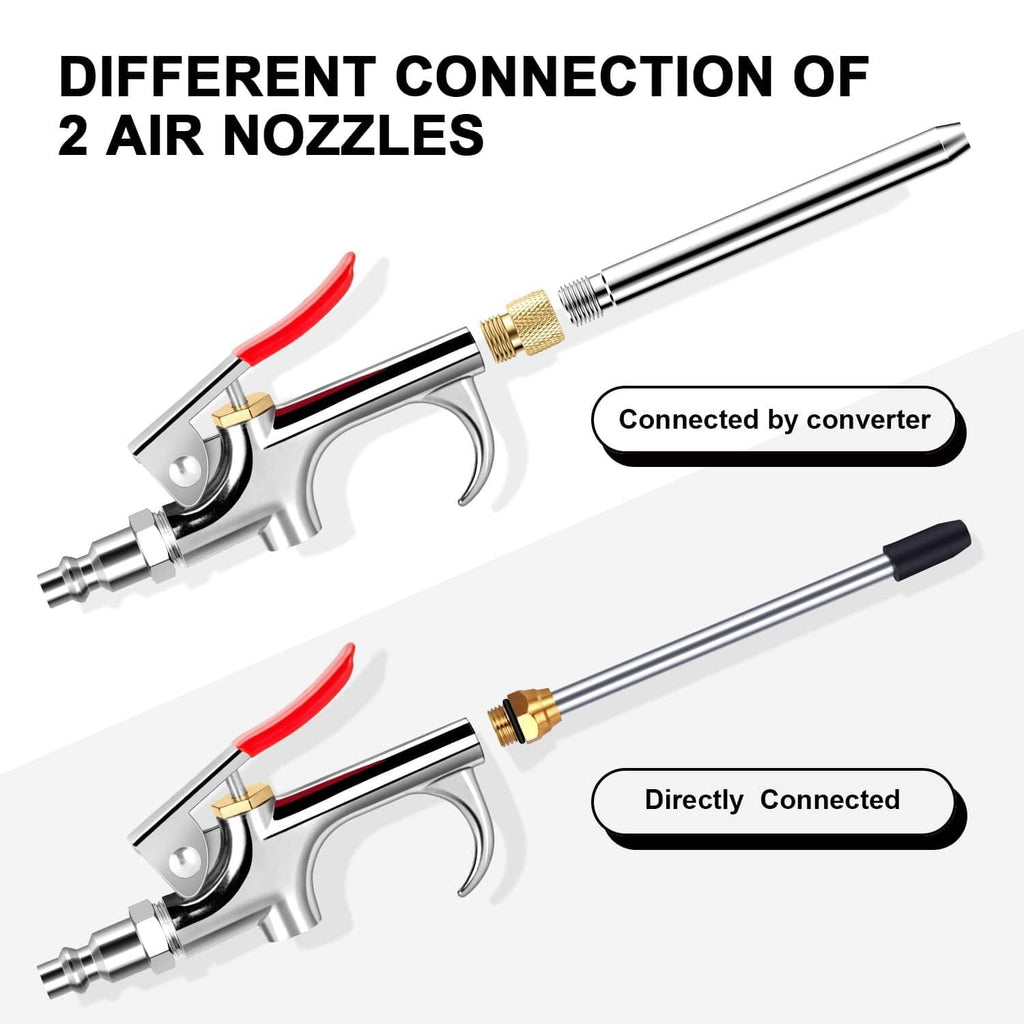 Air blow gun with red lever and chrome body, showing two air nozzle connection styles