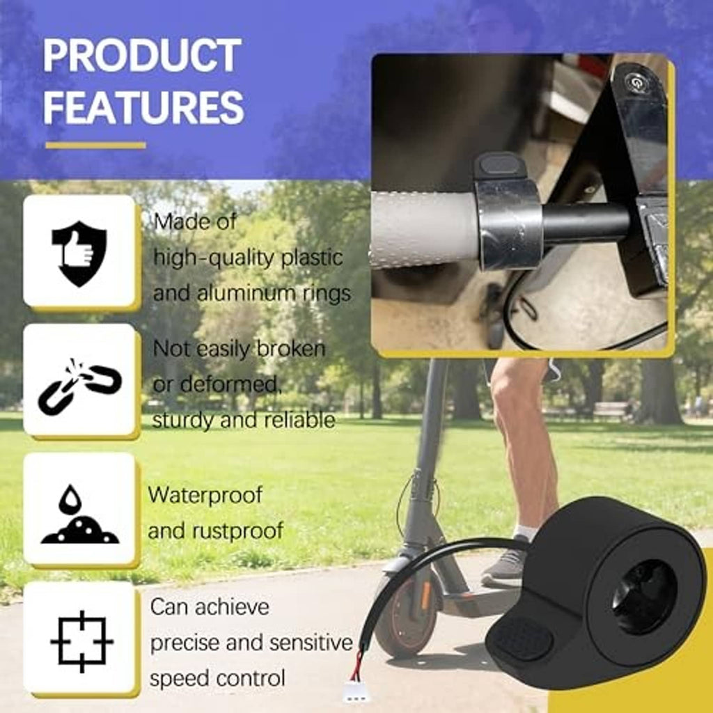 Black thumb throttle with textured pad mounted near scooter handlebar