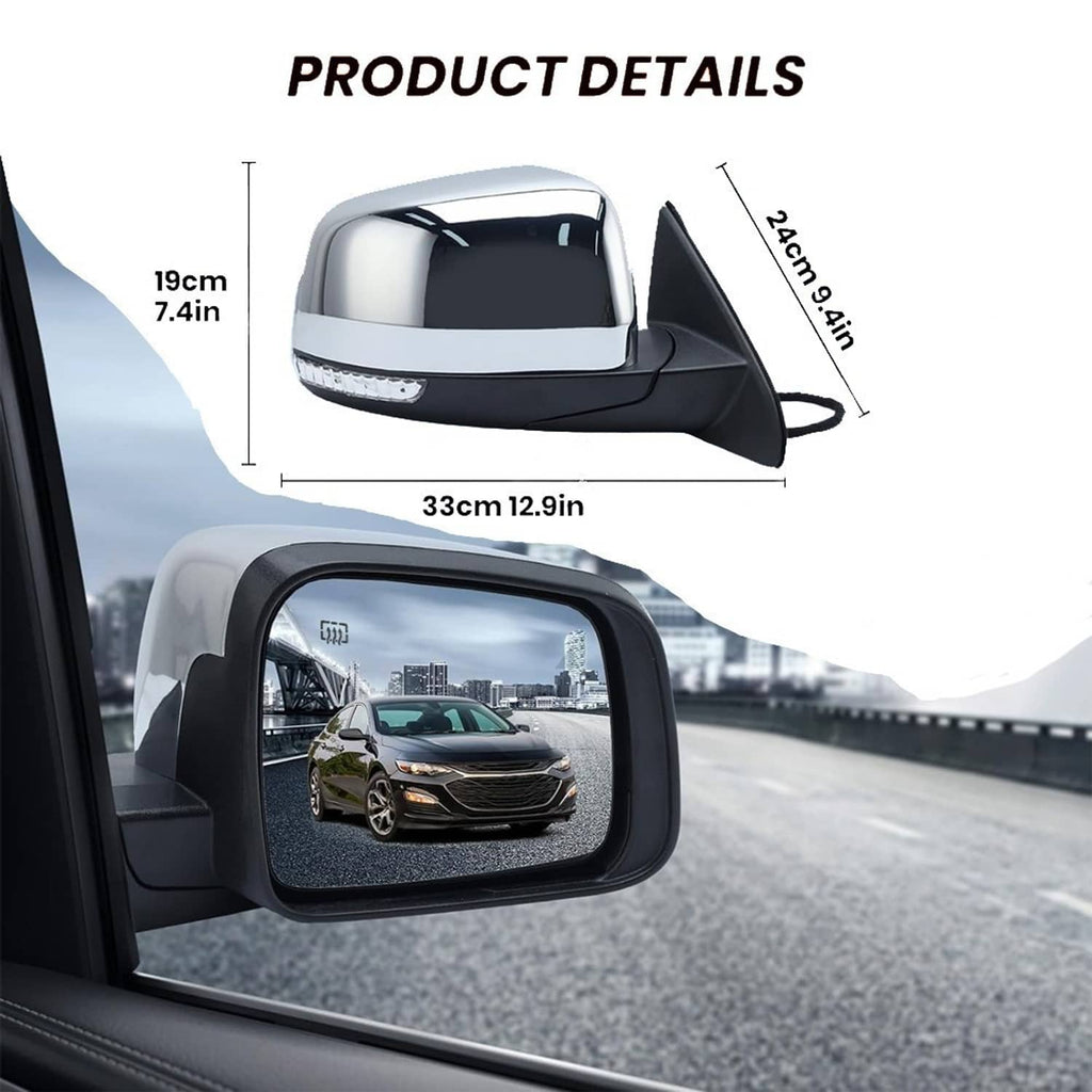 Blind-spot side mirror with manual folding and turn-signal light, shown with dimensions