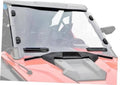 Clear front windshield with black mounting brackets and latch-style clips