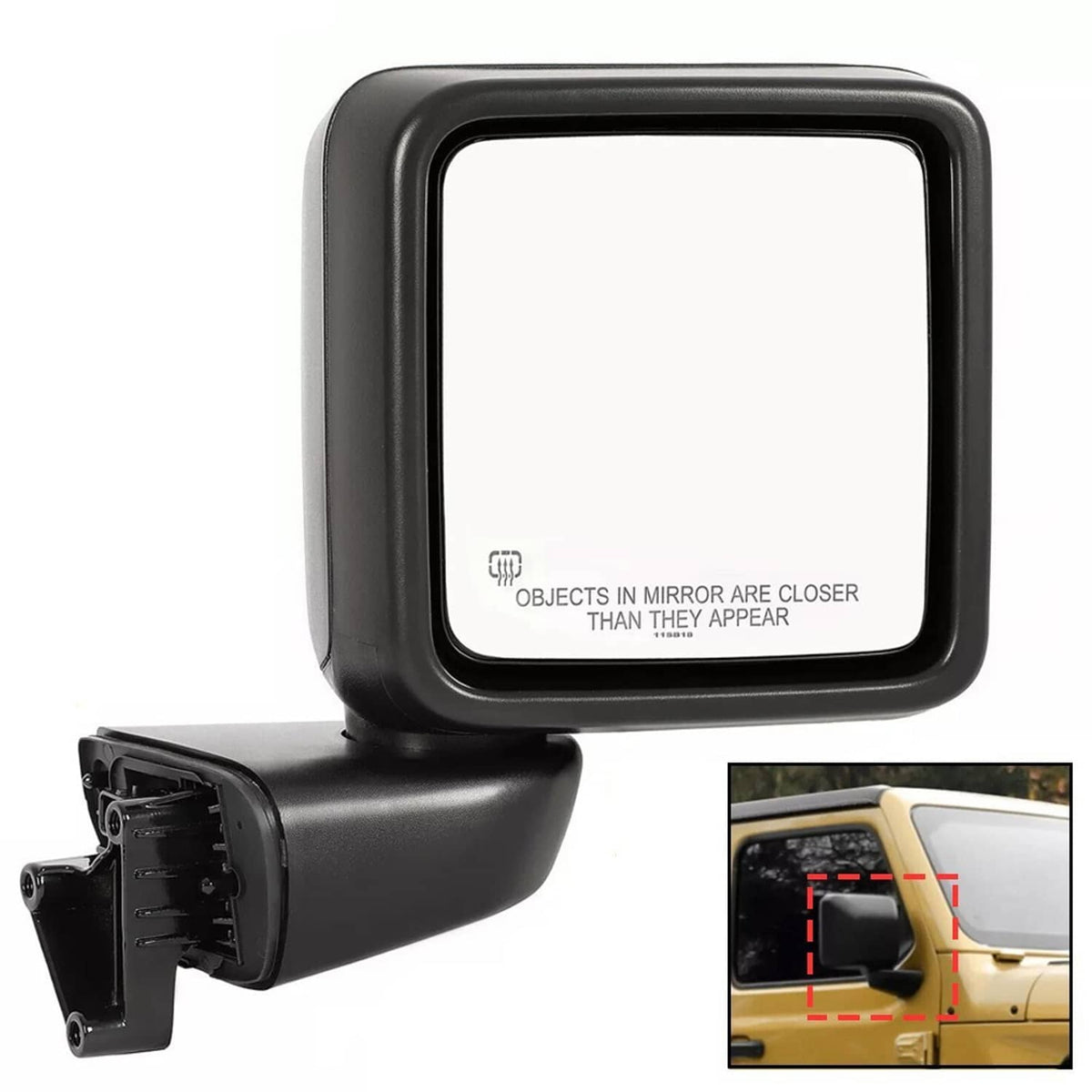Black heated power side mirror with mounting bracket and clear glass lens