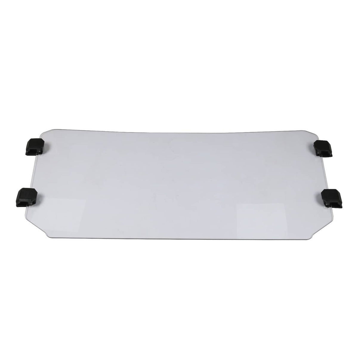 Clear rectangular windshield panel with four black mounting blocks
