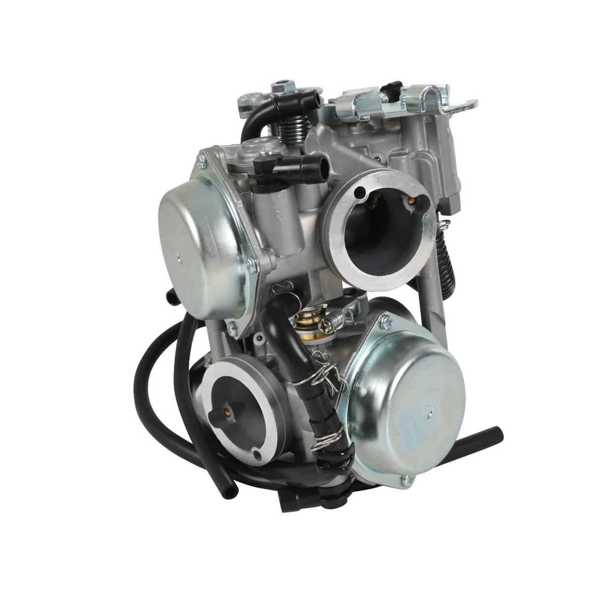 Silver carburetor with large intake opening and black hose on side