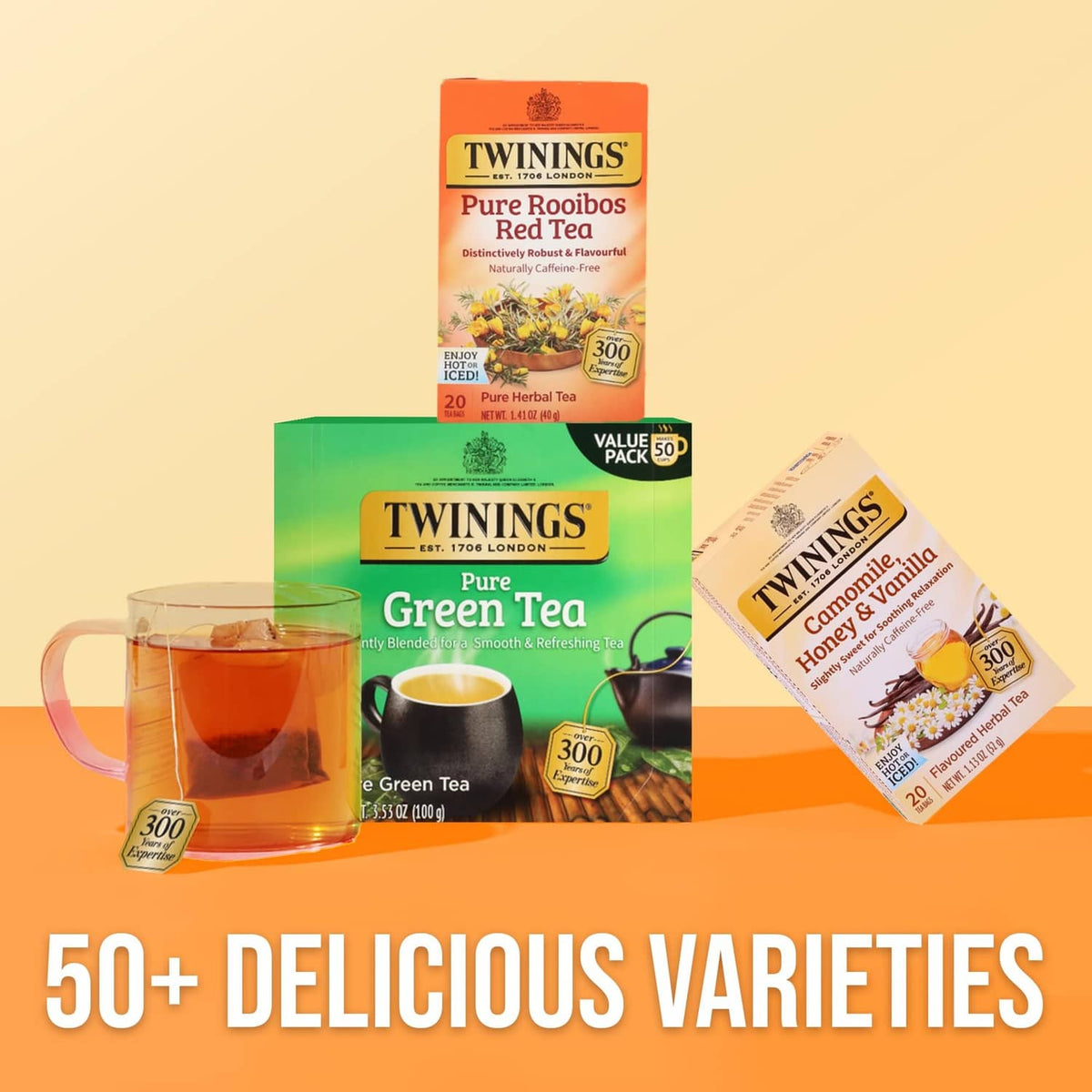 Twinings Pure Rooibos Red Tea box with other tea varieties and a cup of tea
