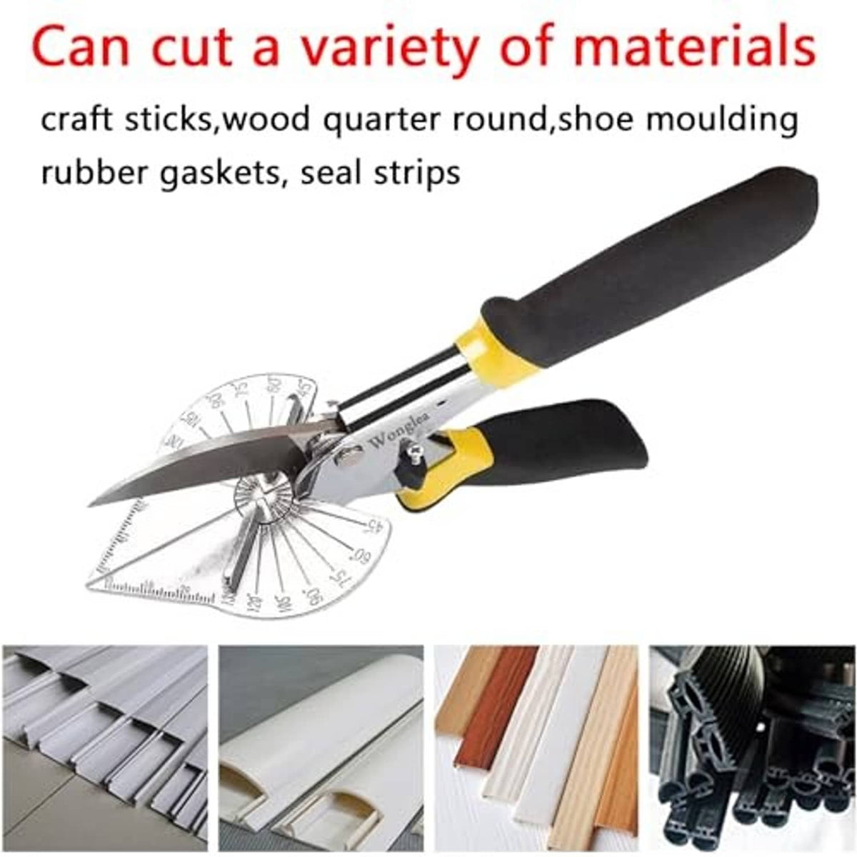 Quarter-round cutting miter shears with adjustable angle guide and two spare blades