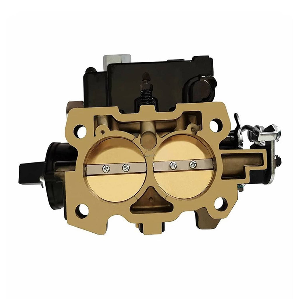 Marine carburetor throttle body with beige internal plate and twin circular chambers