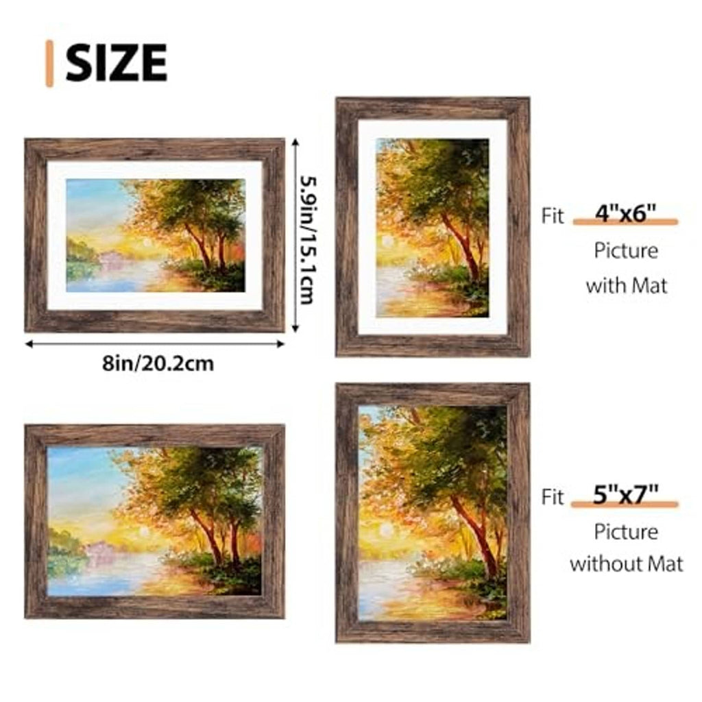 Rustic brown picture frame with white mat, two photo fit sizes shown.