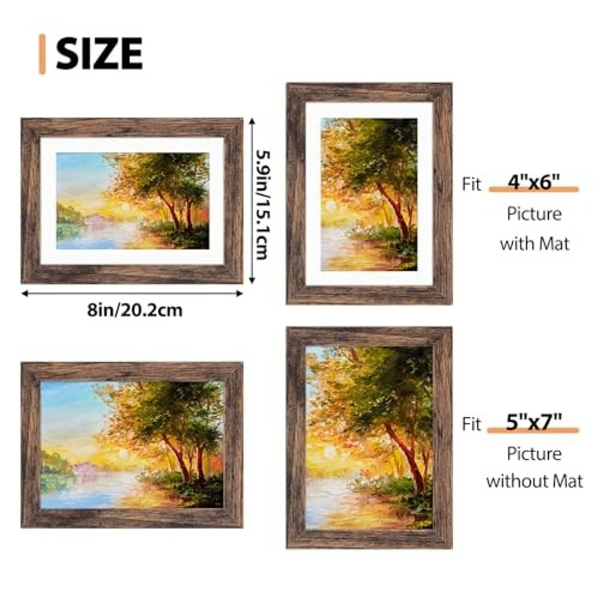 Rustic brown picture frame with white mat, two photo fit sizes shown.
