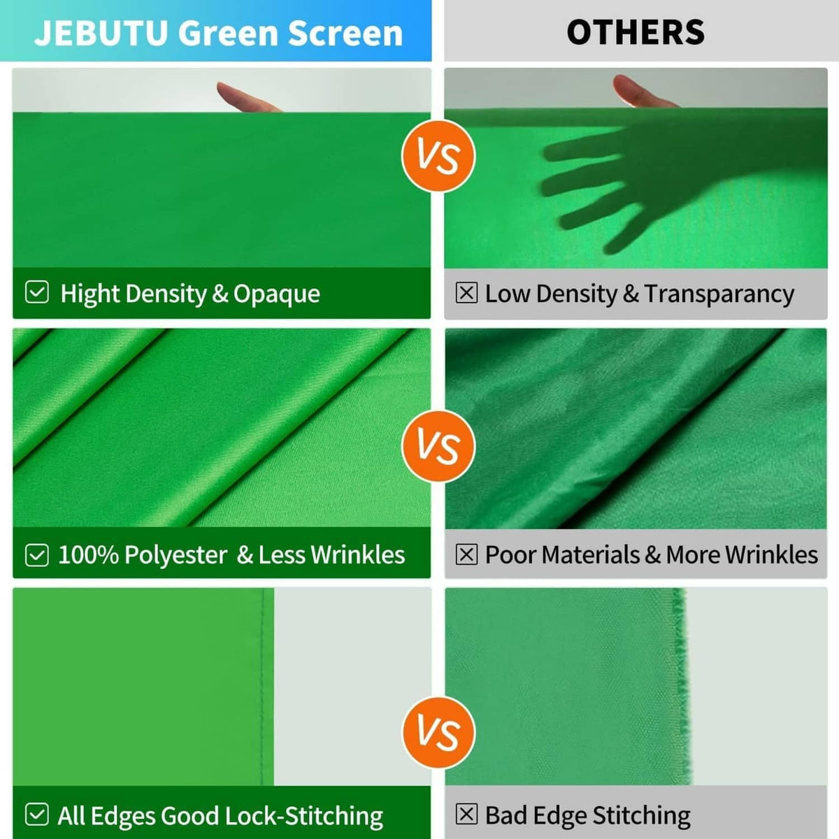 Green screen backdrop fabric with dense, wrinkle-resistant polyester and stitched edges