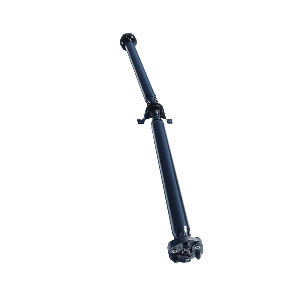 Rear drive shaft upright view; dark blue tube with U-joint flange at base.