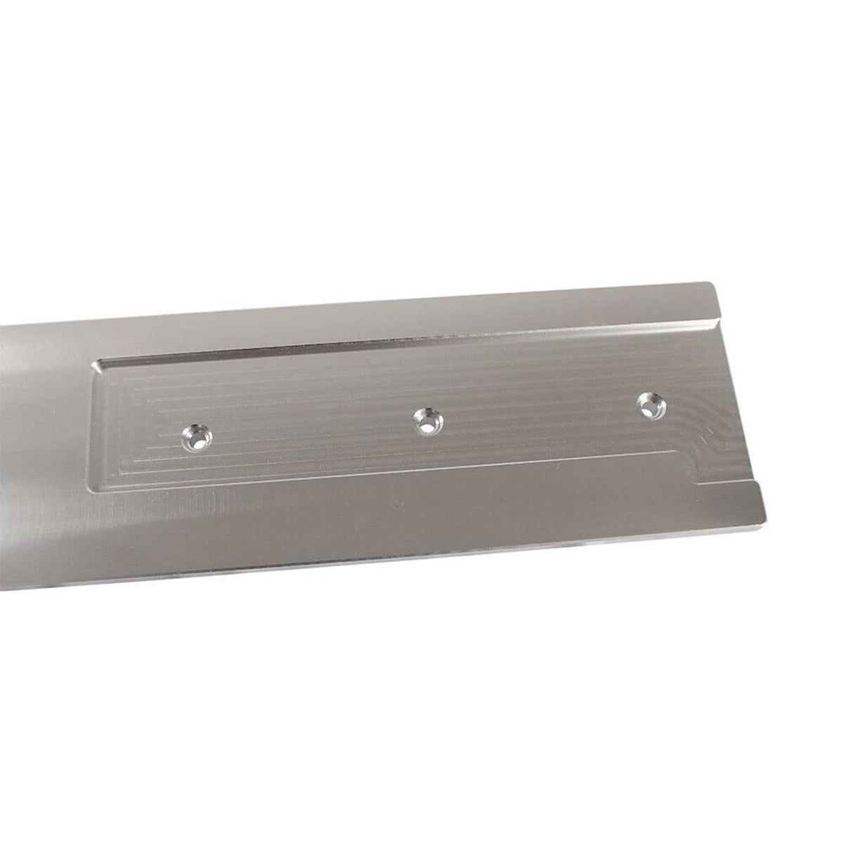 Billet tappet cover kit, close-up of silver aluminum cover with mounting holes