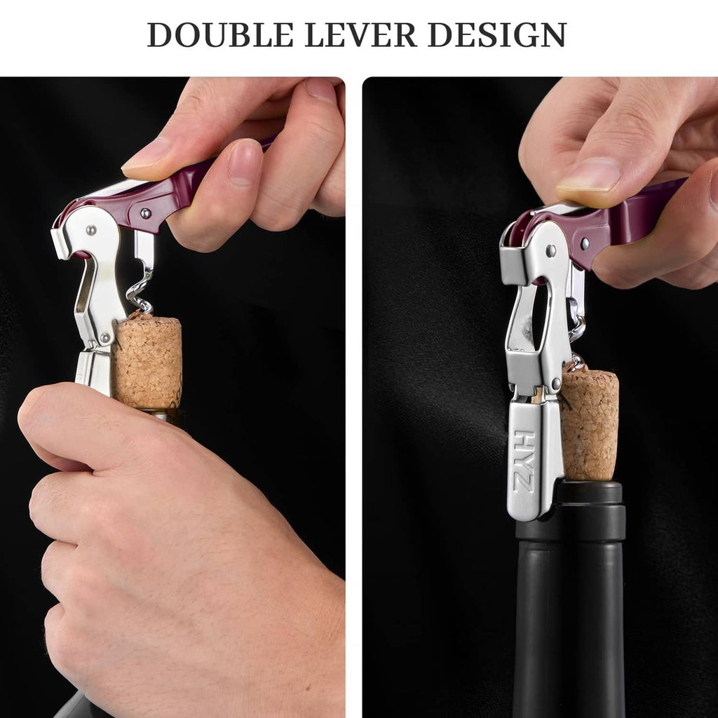 Burgundy waiter wine corkscrew with double-lever handles gripping a wine cork