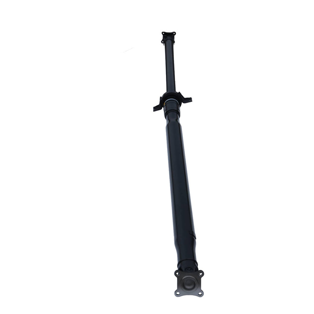 Rear driveshaft assembly, straight view with bearing housing flange and dark shaft