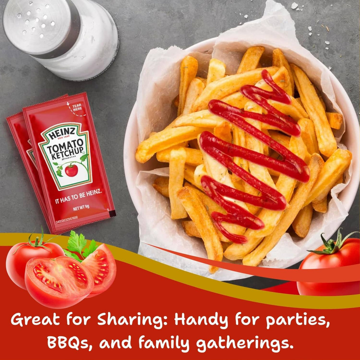Heinz tomato ketchup condiment packet with fries in a parchment-lined tray