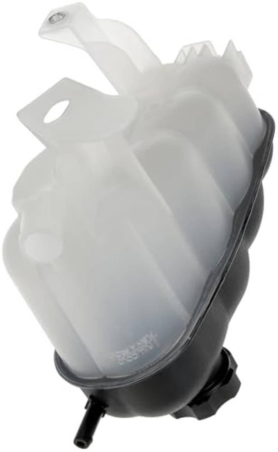 White coolant reservoir tank with black lower housing and mounting tab
