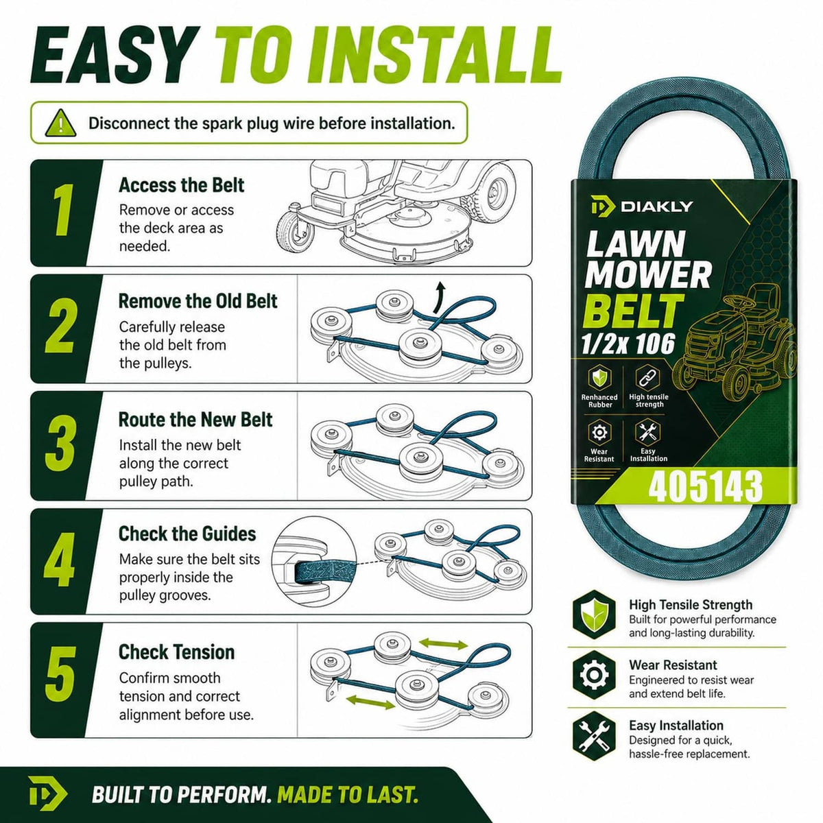 Dark green lawn mower deck belt in retail package with easy installation steps