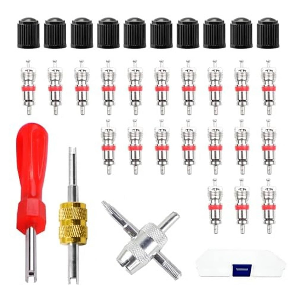 Tire valve core repair kit set with black knurled caps, red handle, and metal core tools