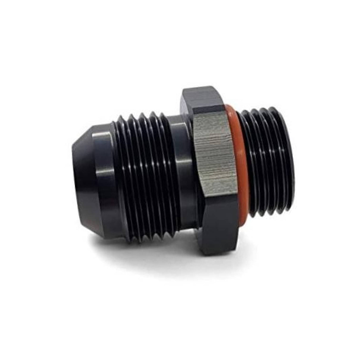 Straight male AN adapter with black threads and orange O-ring, hex body, ORB design