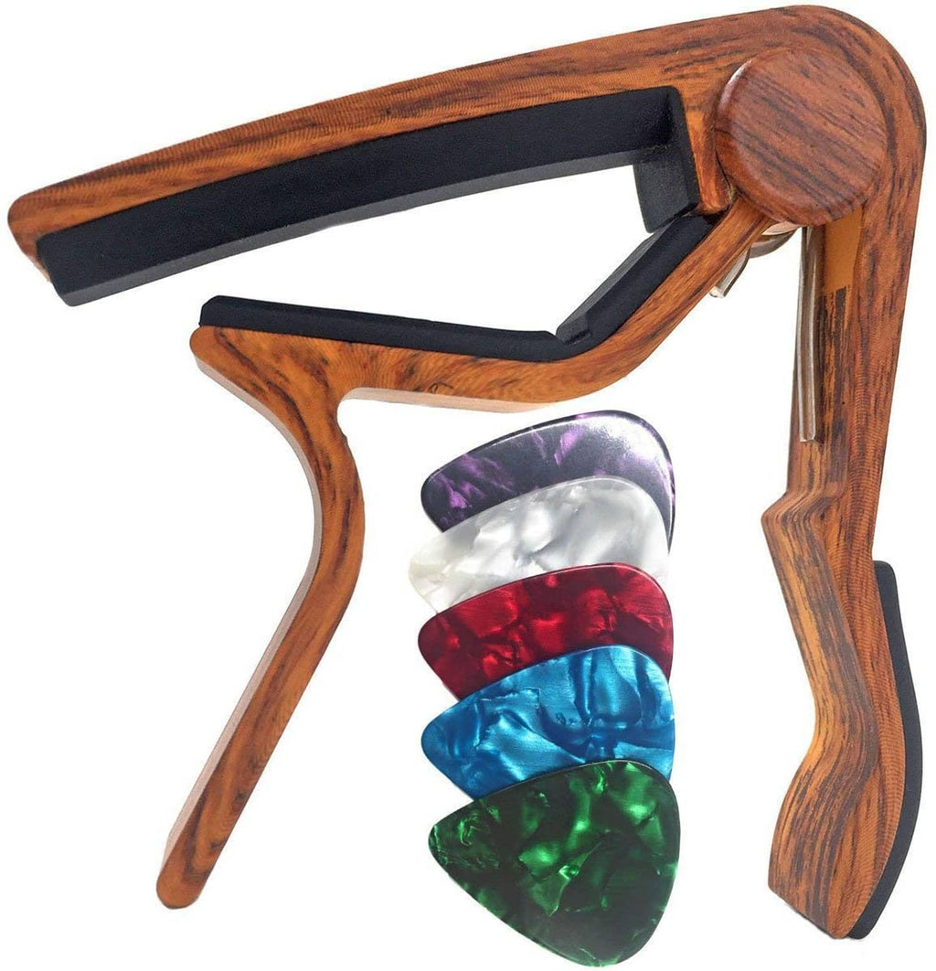 Rosewood woodgrain guitar capo with black clamp pads