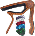 Rosewood woodgrain guitar capo with black clamp pads
