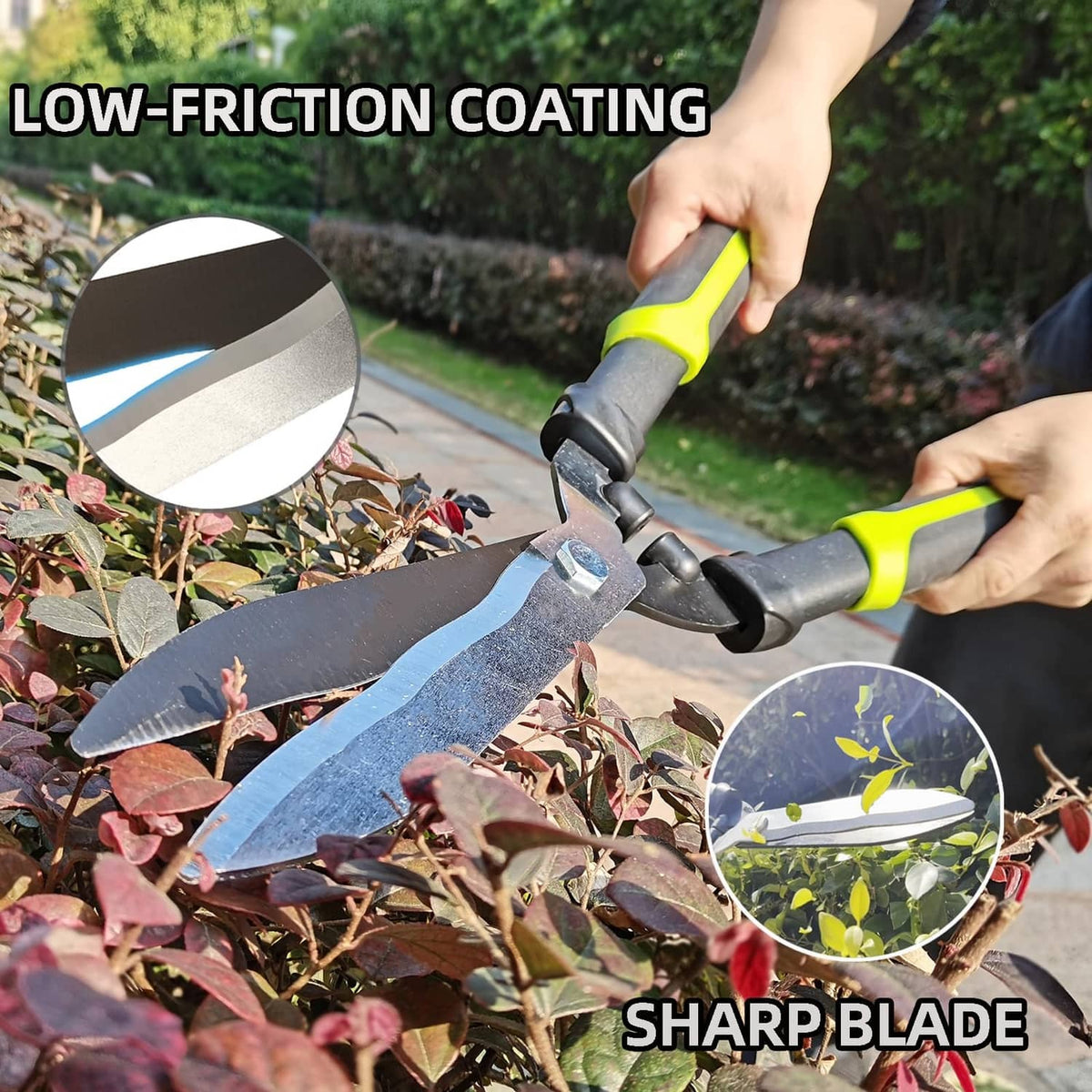 Hedge clippers with green-and-yellow handles and sharp silver blades cutting branches