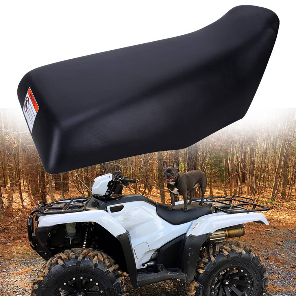 Black ATV replacement seat with smooth contoured top and side warning label