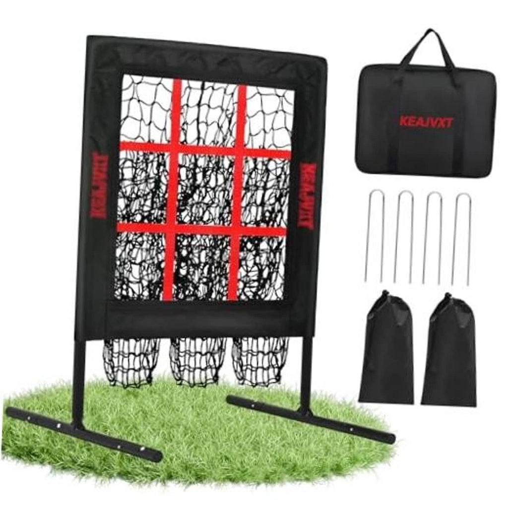 Black pitching net target with red strike-zone grid and net mesh, folding frame