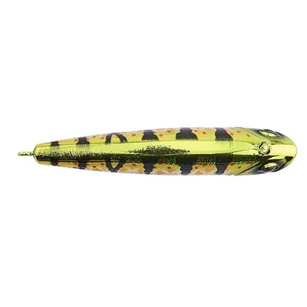 Green and black speckled lure with lifelike eye, top hook hangers, and treble hooks