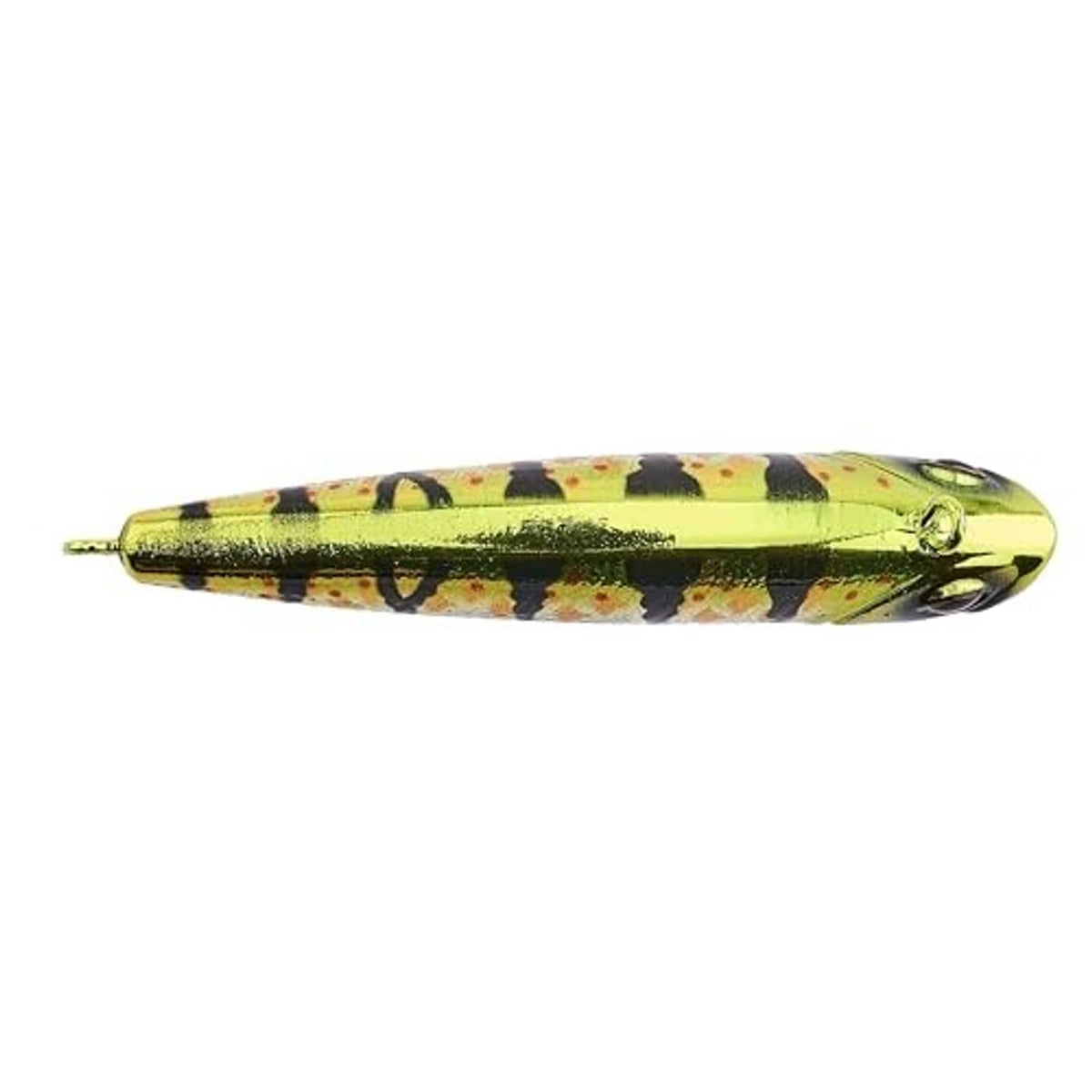 Green and black speckled lure with lifelike eye, top hook hangers, and treble hooks