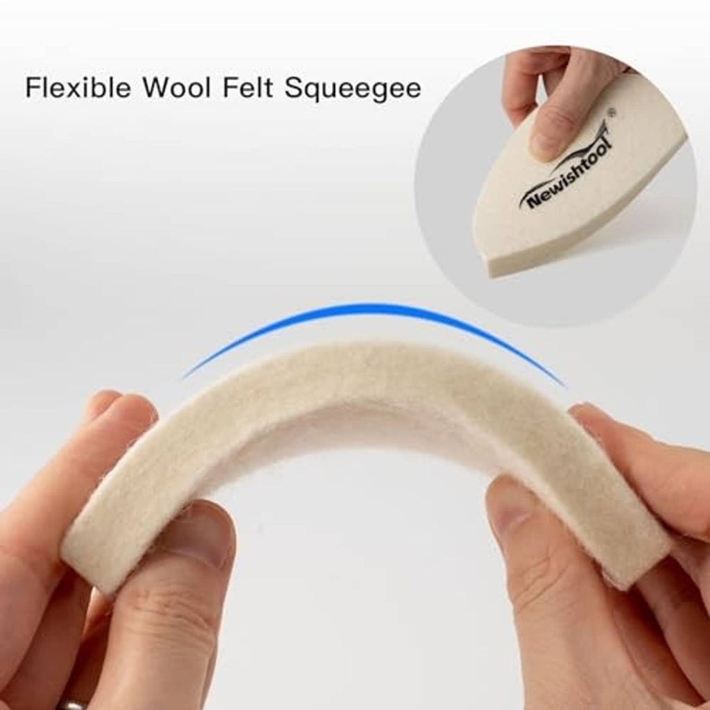 Flexible beige wool felt squeegee pad held by hands, curved edge