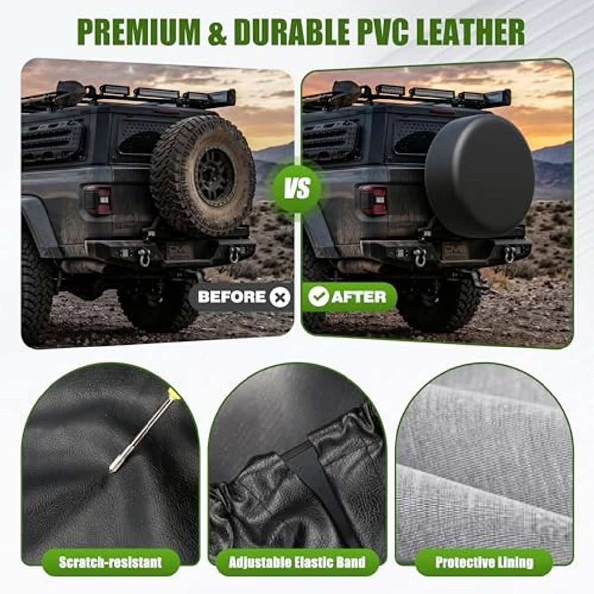 Durable black PVC-leather spare tire cover with protective lining and elastic band