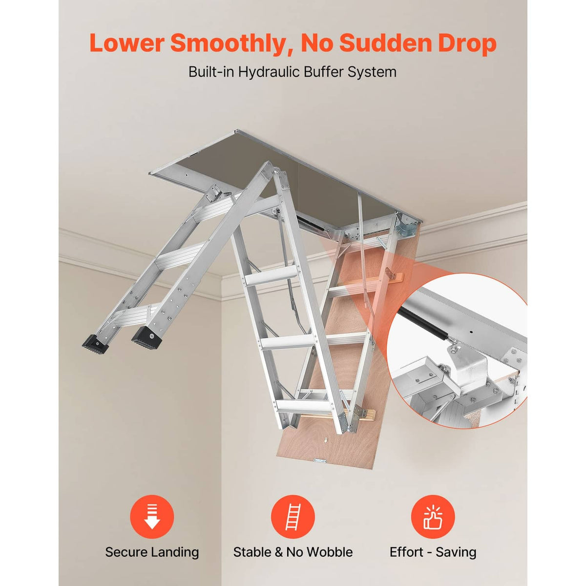 Aluminum folding attic ladder with smooth-close hinge and supported motion