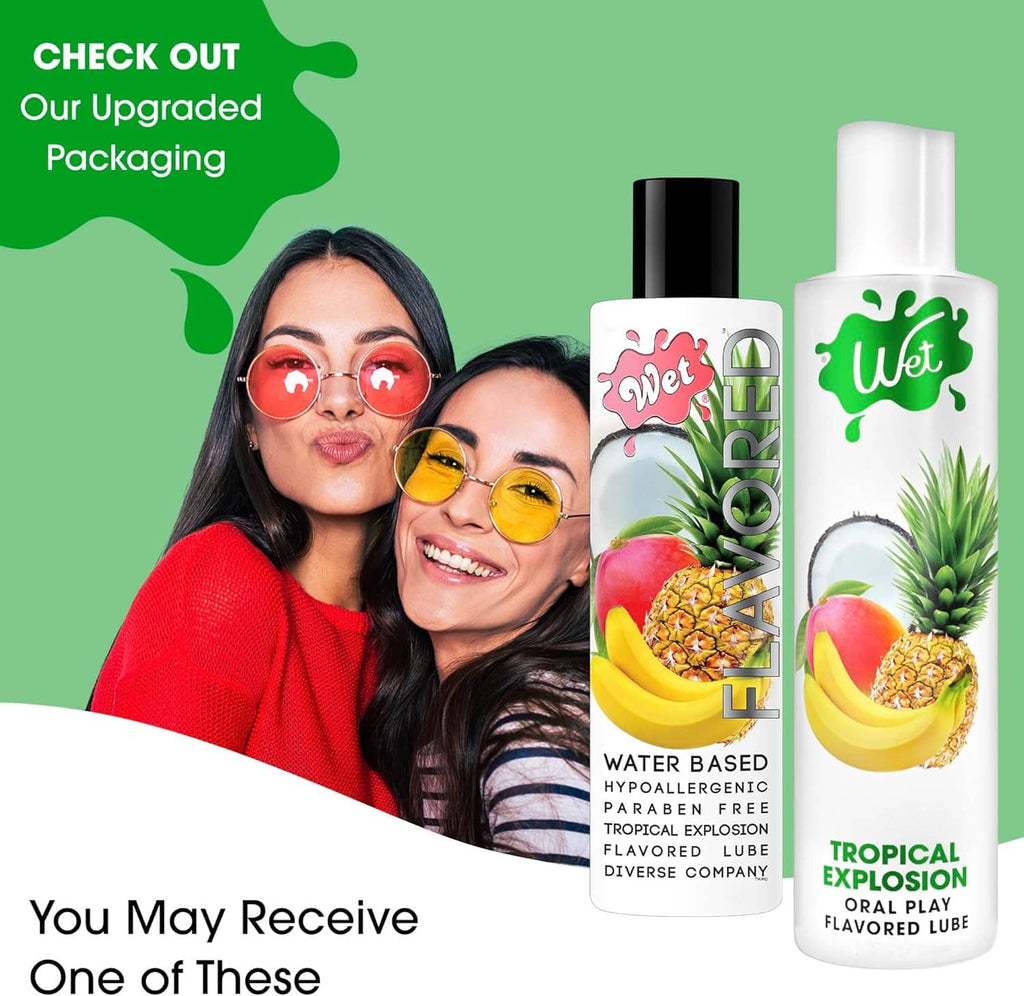 Tropical Explosion flavored edible lube bottles with tropical fruit themed labels