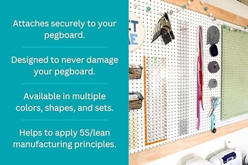 Pegboard organizer with multiple black J hooks holding hanging tools
