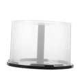 Transparent CD storage box with hinged clear lid and black circular base