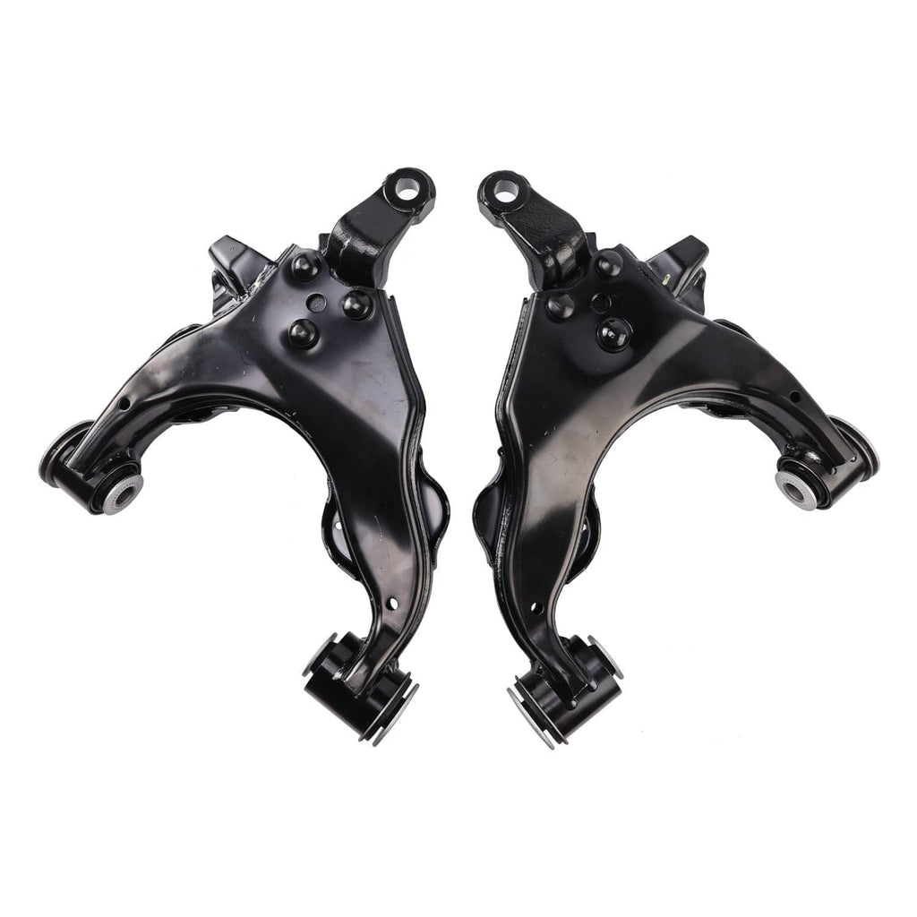 Front lower suspension control arm pair, black steel arms with spring perch brackets