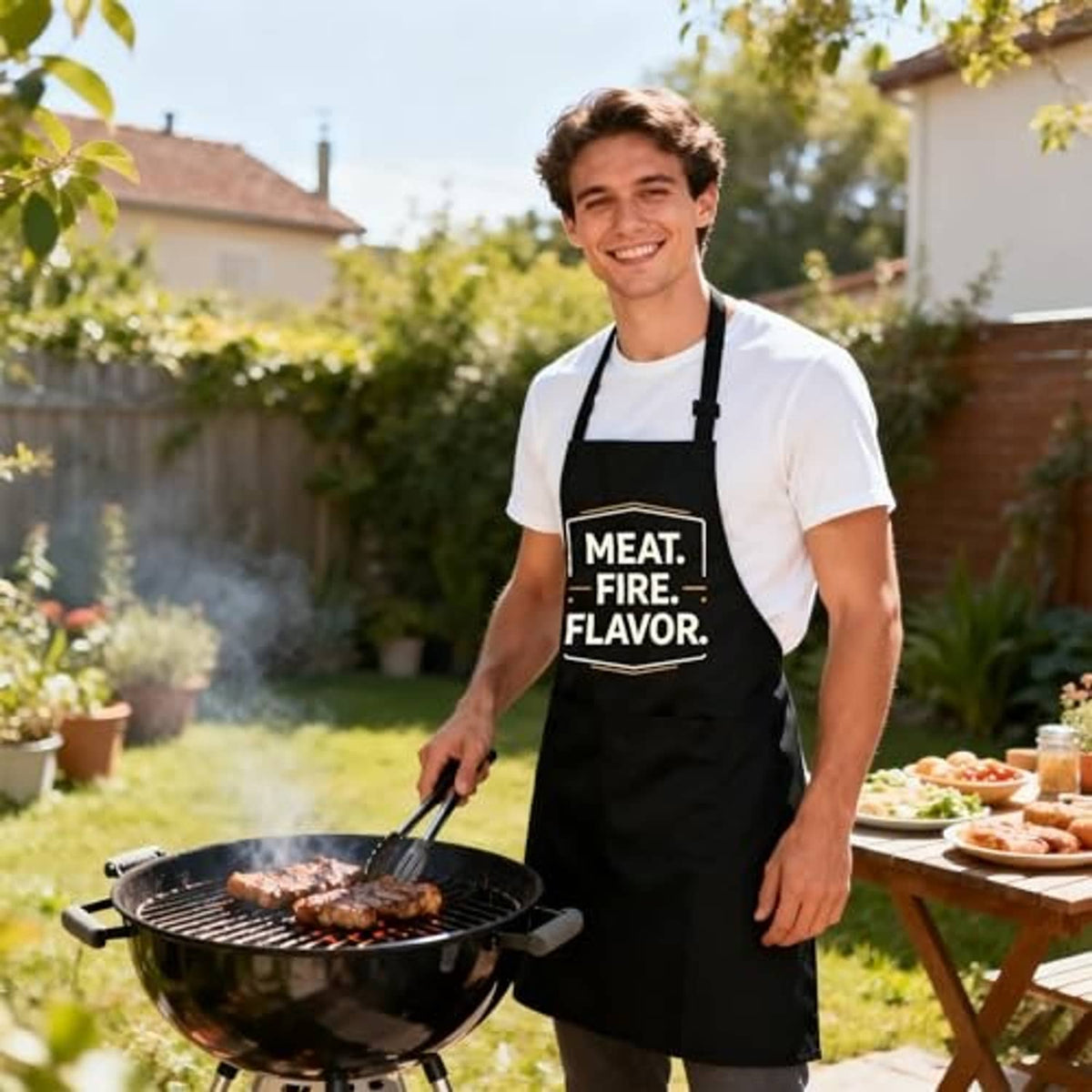 Black grill apron with “MEAT. FIRE. FLAVOR.” logo on the front.