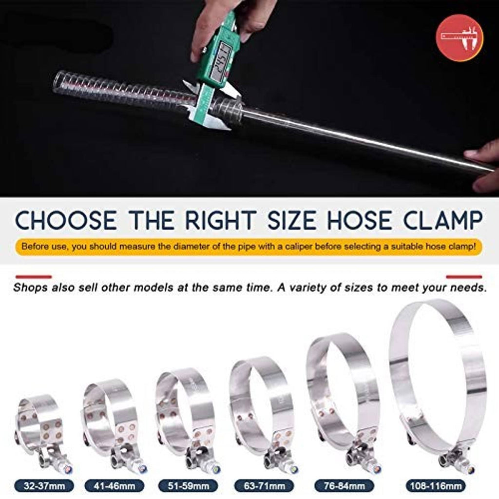 Set of stainless steel T-bolt hose clamps, including 76–84mm size