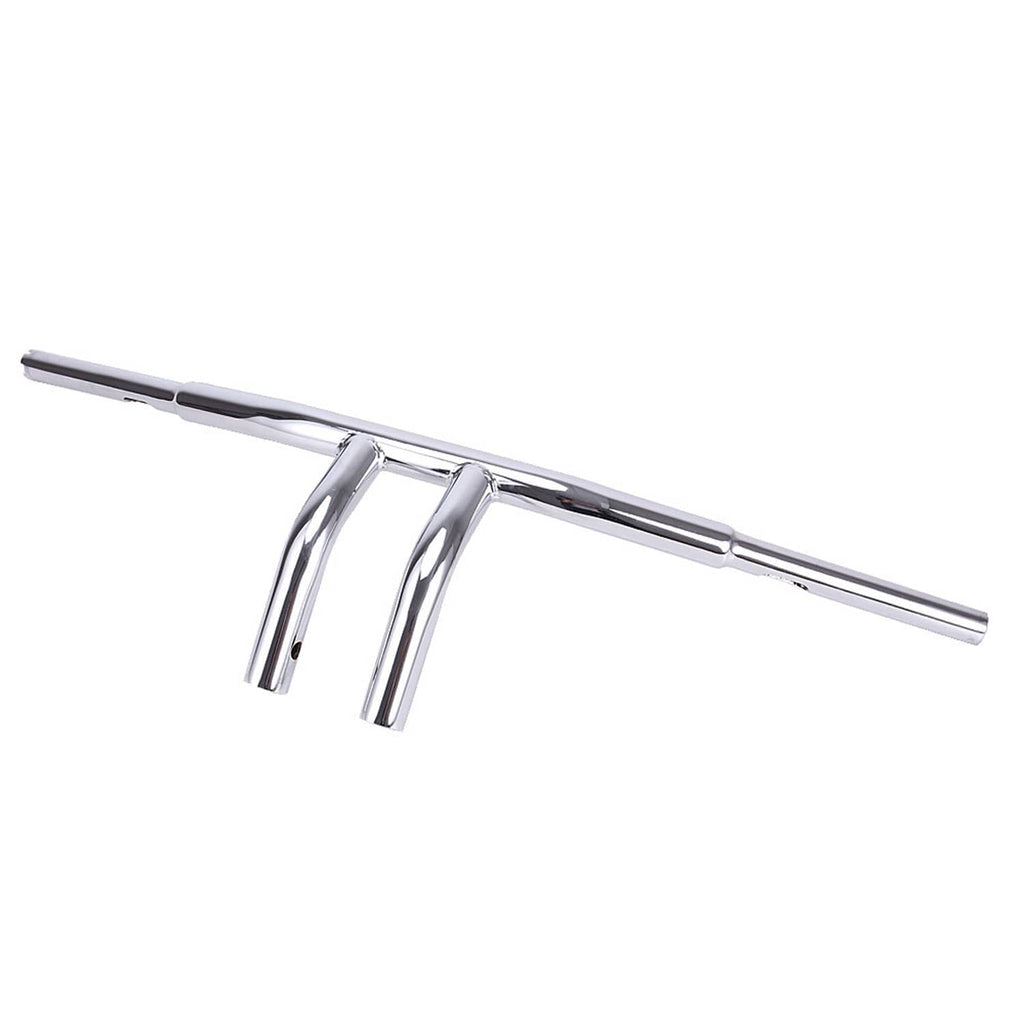 Chrome drag T-bar handlebars shown from the side with curved center riser