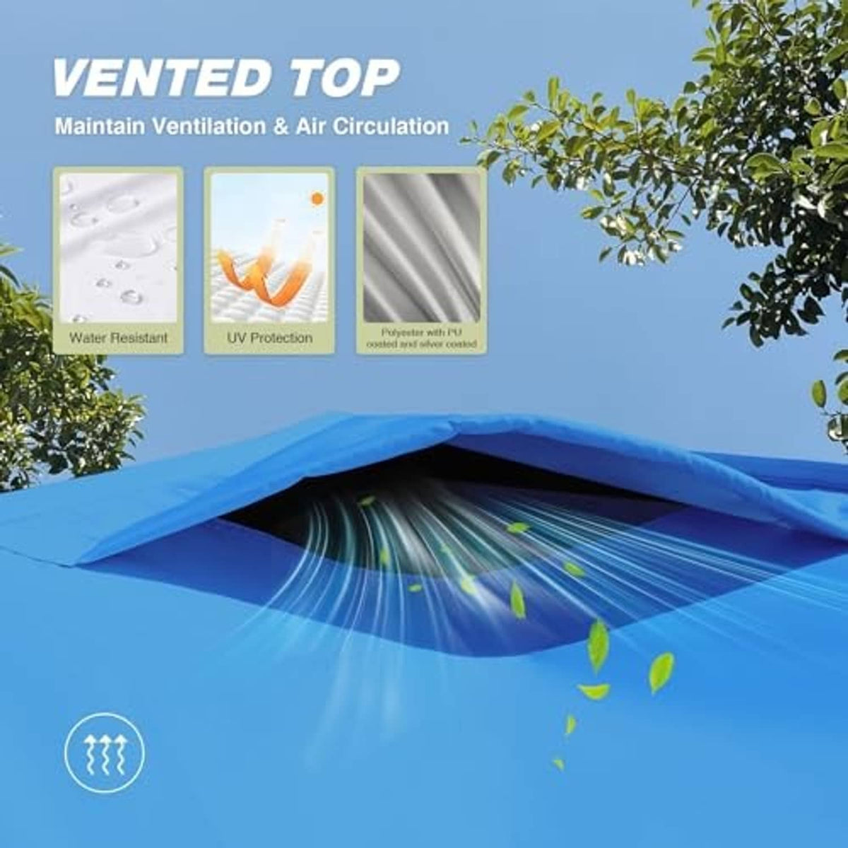 Blue vented canopy top with water-resistant and UV-protective fabric
