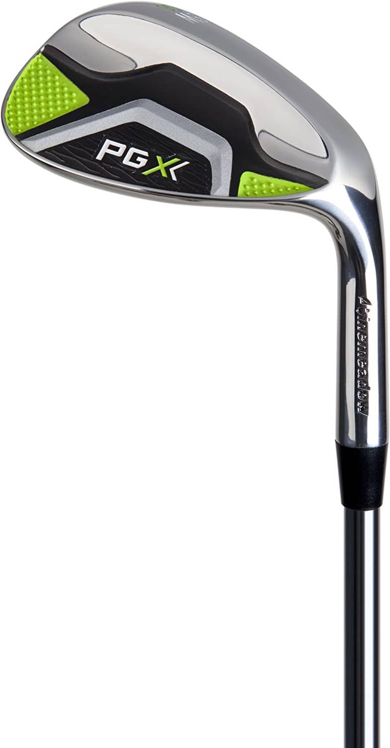 Wedge golf club head with PGX logo on black insert, chrome finish, lime highlight