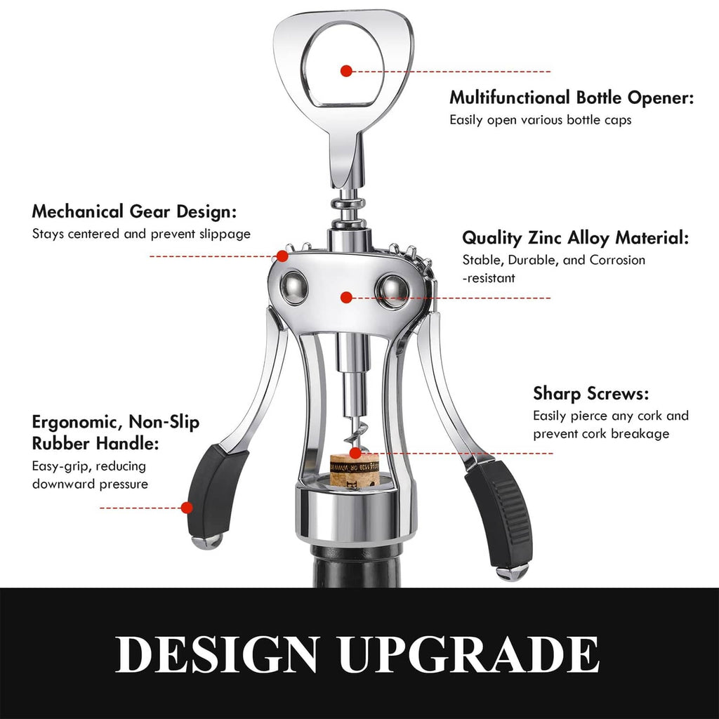 Silver wing corkscrew bottle opener with ergonomic non-slip rubber handles